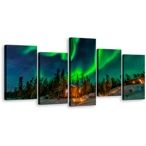 Canada Aurora Canvas Print, Green Aurora Borealis 5 Piece Canvas Wall Art, Dramatic Blue Starry Sky Multi Canvas