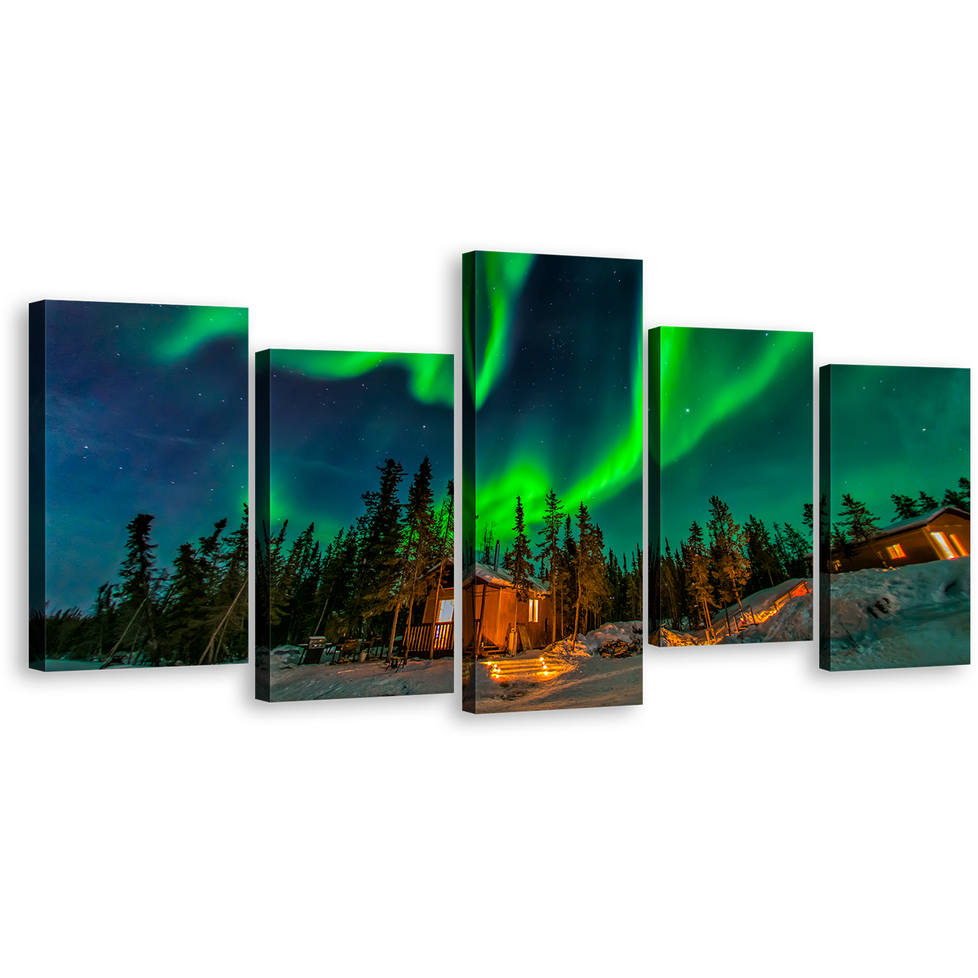 Canada Aurora Canvas Print, Green Aurora Borealis 5 Piece Canvas Wall Art, Dramatic Blue Starry Sky Multi Canvas