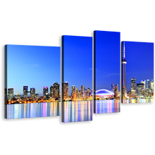 Load image into Gallery viewer, Canada City Wall Art, Beautiful Lake Ontario Yellow Lights Reflection Canvas Print, Toronto Blue City Skyline 4 Piece Multi Canvas
