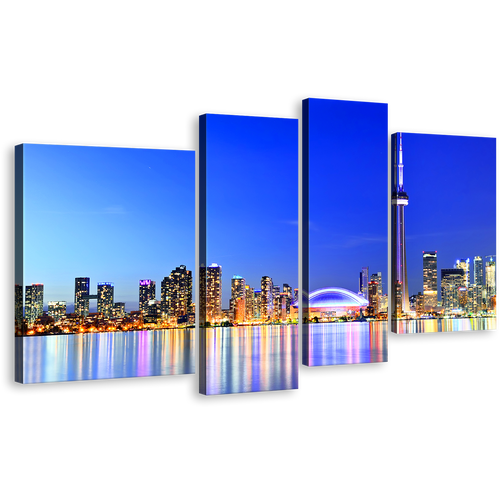 Canada City Wall Art, Beautiful Lake Ontario Yellow Lights Reflection Canvas Print, Toronto Blue City Skyline 4 Piece Multi Canvas