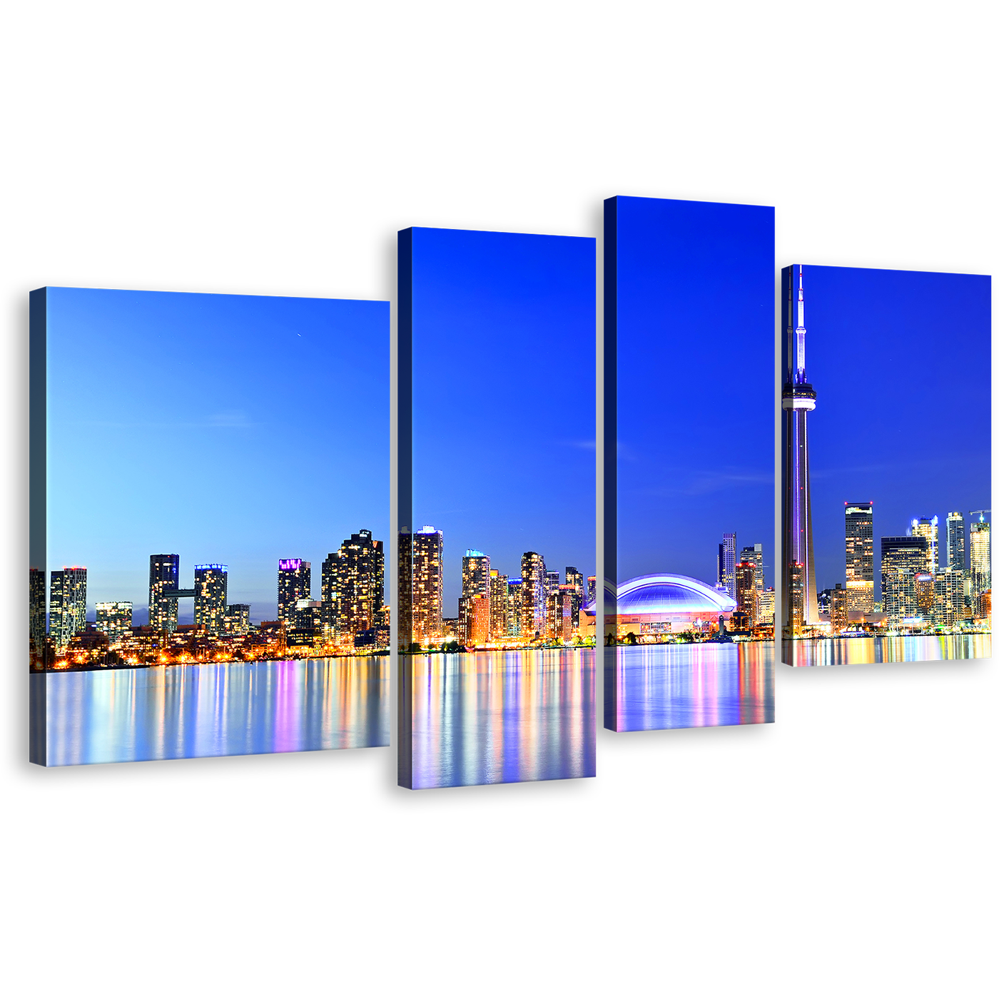 Canada City Wall Art, Beautiful Lake Ontario Yellow Lights Reflection Canvas Print, Toronto Blue City Skyline 4 Piece Multi Canvas