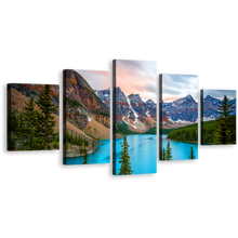 Load image into Gallery viewer, Canada Lake Canvas Wall Art, Alberta Brown Mountains 5 Piece Canvas Print, Blue Moraine Lake Multi Canvas Artwork
