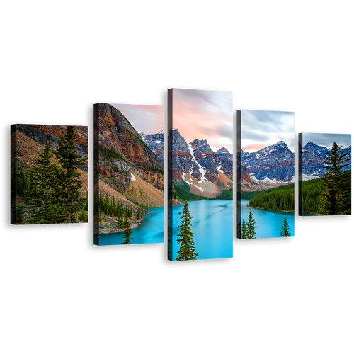 Canada Lake Canvas Wall Art, Alberta Brown Mountains 5 Piece Canvas Print, Blue Moraine Lake Multi Canvas Artwork