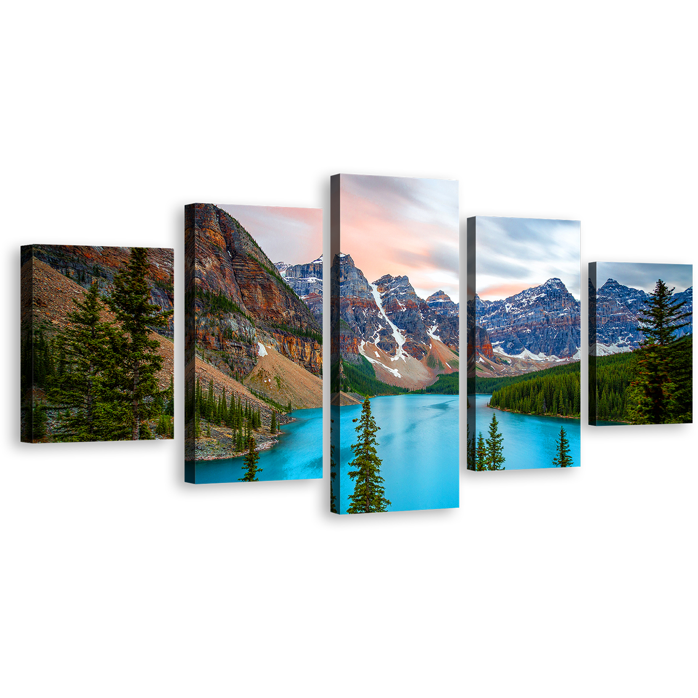 Canada Lake Canvas Wall Art, Alberta Brown Mountains 5 Piece Canvas Print, Blue Moraine Lake Multi Canvas Artwork