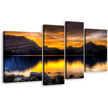 Load image into Gallery viewer, Canada Landscape Canvas Wall Art, Cloudy Orange Sunset Sky Multi Panel Canvas, Alberta Brown Ocean Mountains Rocks 4 Piece Canvas Print
