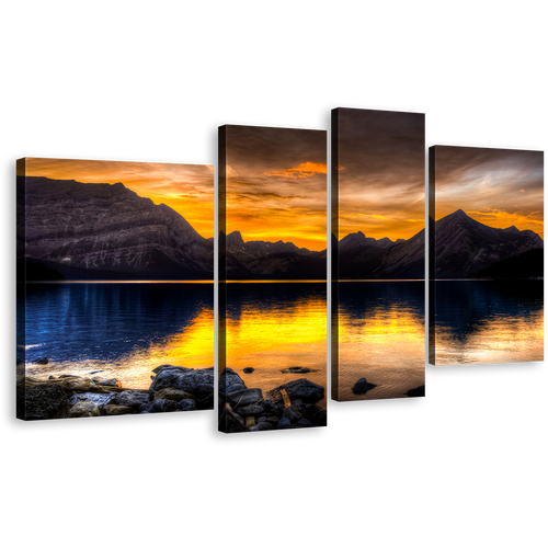 Canada Landscape Canvas Wall Art, Cloudy Orange Sunset Sky Multi Panel Canvas, Alberta Brown Ocean Mountains Rocks 4 Piece Canvas Print