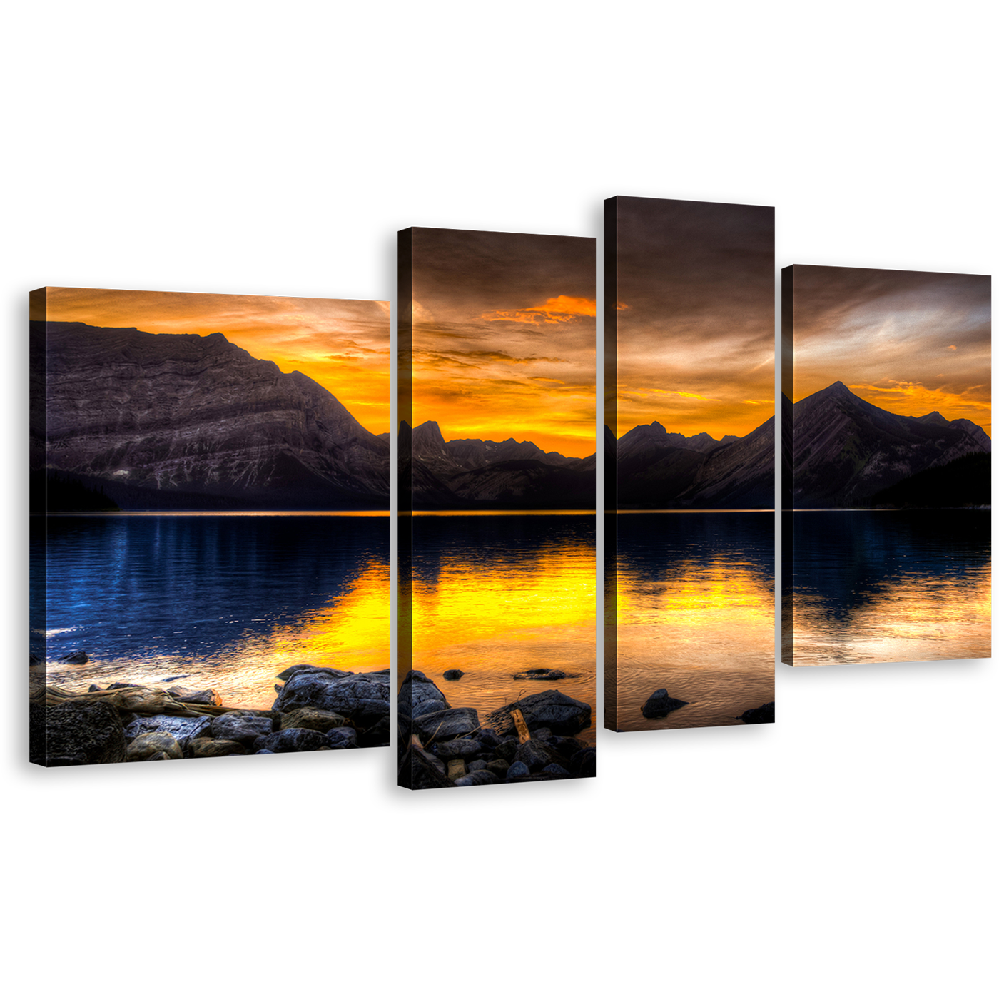 Canada Landscape Canvas Wall Art, Cloudy Orange Sunset Sky Multi Panel Canvas, Alberta Brown Ocean Mountains Rocks 4 Piece Canvas Print