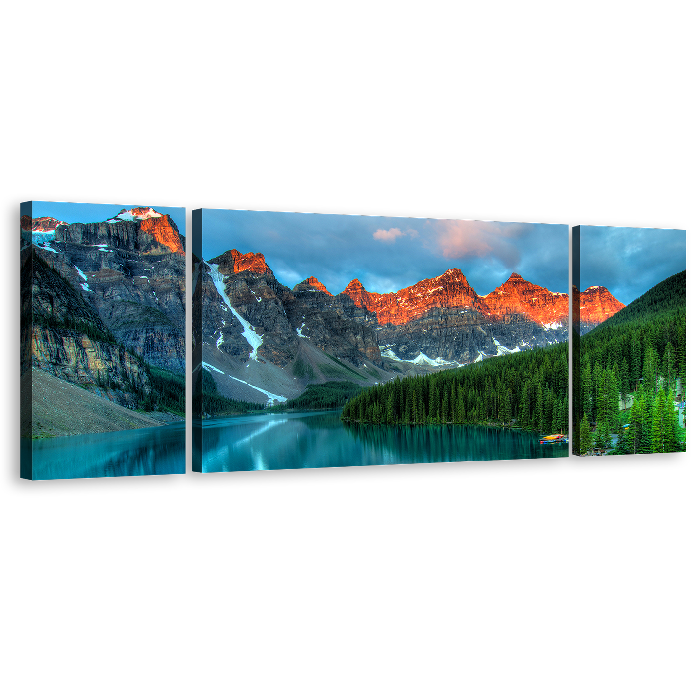 Canada Mountain Canvas Wall Art, Beautiful Landscape Forest Green Trees Canvas Set, Banff National Park 3 Piece Canvas, Blue Moraine Lake Sky Canvas Print