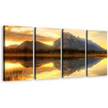 Load image into Gallery viewer, Canada Mountains Wall Art, Vermillion Lake Yellow Sunset Sky 4 Piece Multi Canvas, Grey Rundle Ocean Mountains Canvas Print
