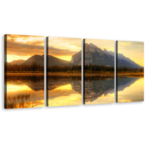 Canada Mountains Wall Art, Vermillion Lake Yellow Sunset Sky 4 Piece Multi Canvas, Grey Rundle Ocean Mountains Canvas Print