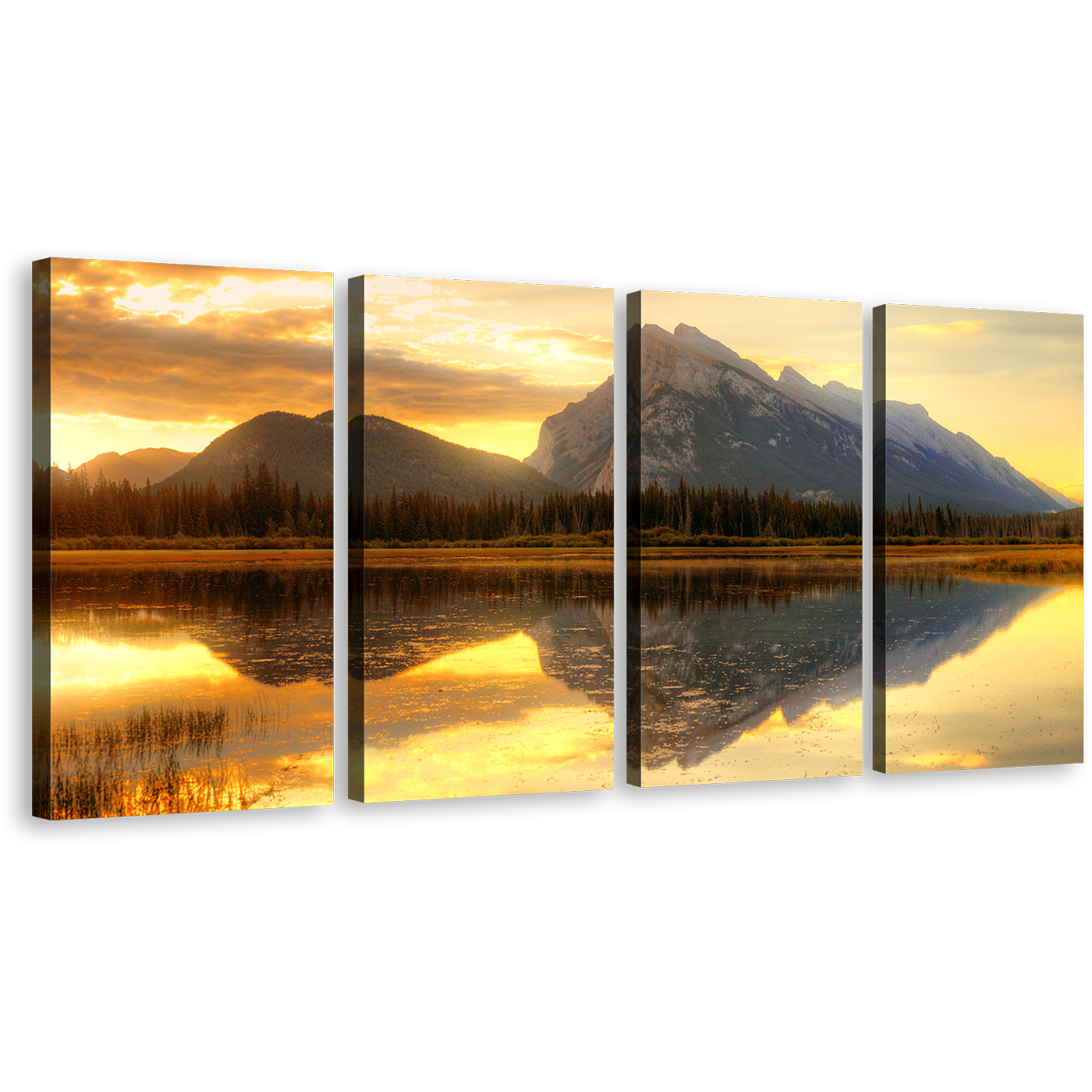 Canada Mountains Wall Art, Vermillion Lake Yellow Sunset Sky 4 Piece Multi Canvas, Grey Rundle Ocean Mountains Canvas Print