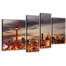 Load image into Gallery viewer, Canada Skyline Canvas Wall Art, Lake Ontario Orange Lights Canvas Print, Grey Toronto Colorful Reflection 4 Piece Canvas
