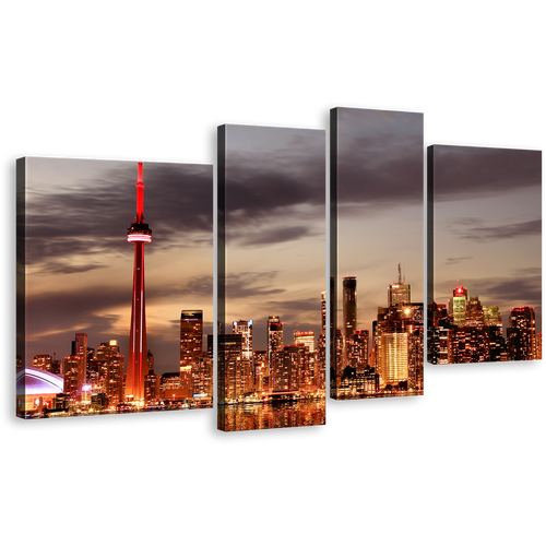 Canada Skyline Canvas Wall Art, Lake Ontario Orange Lights Canvas Print, Grey Toronto Colorful Reflection 4 Piece Canvas