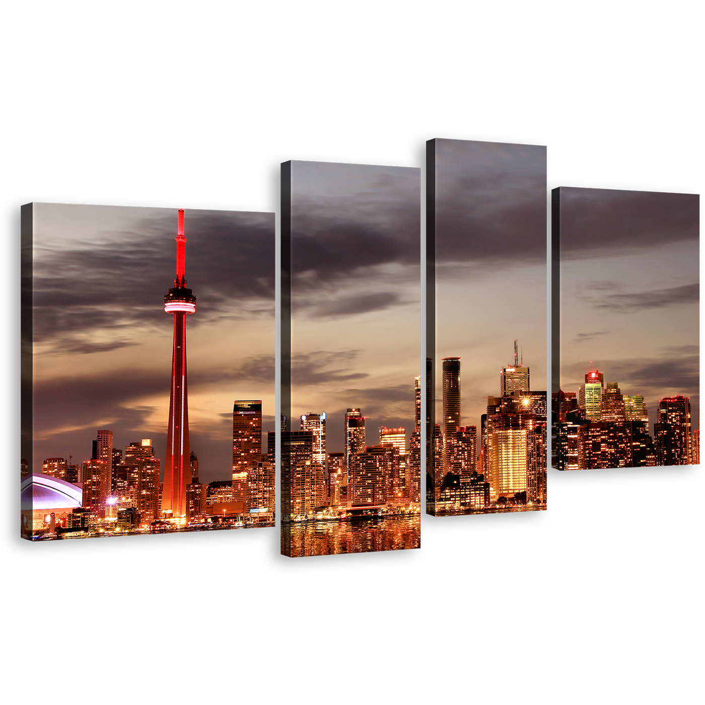 Canada Skyline Canvas Wall Art, Lake Ontario Orange Lights Canvas Print, Grey Toronto Colorful Reflection 4 Piece Canvas