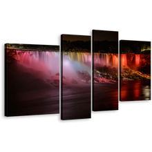 Load image into Gallery viewer, Canada Waterfall Canvas Print, Niagara Falls Lights Wall Art, Red Orange Waterfall at Night 4 Piece Multi Canvas
