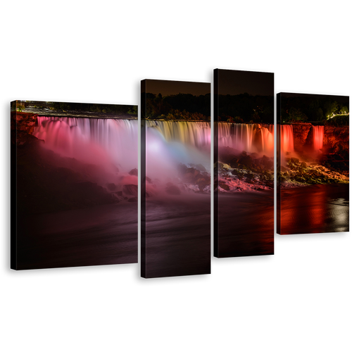 Canada Waterfall Canvas Print, Niagara Falls Lights Wall Art, Red Orange Waterfall at Night 4 Piece Multi Canvas