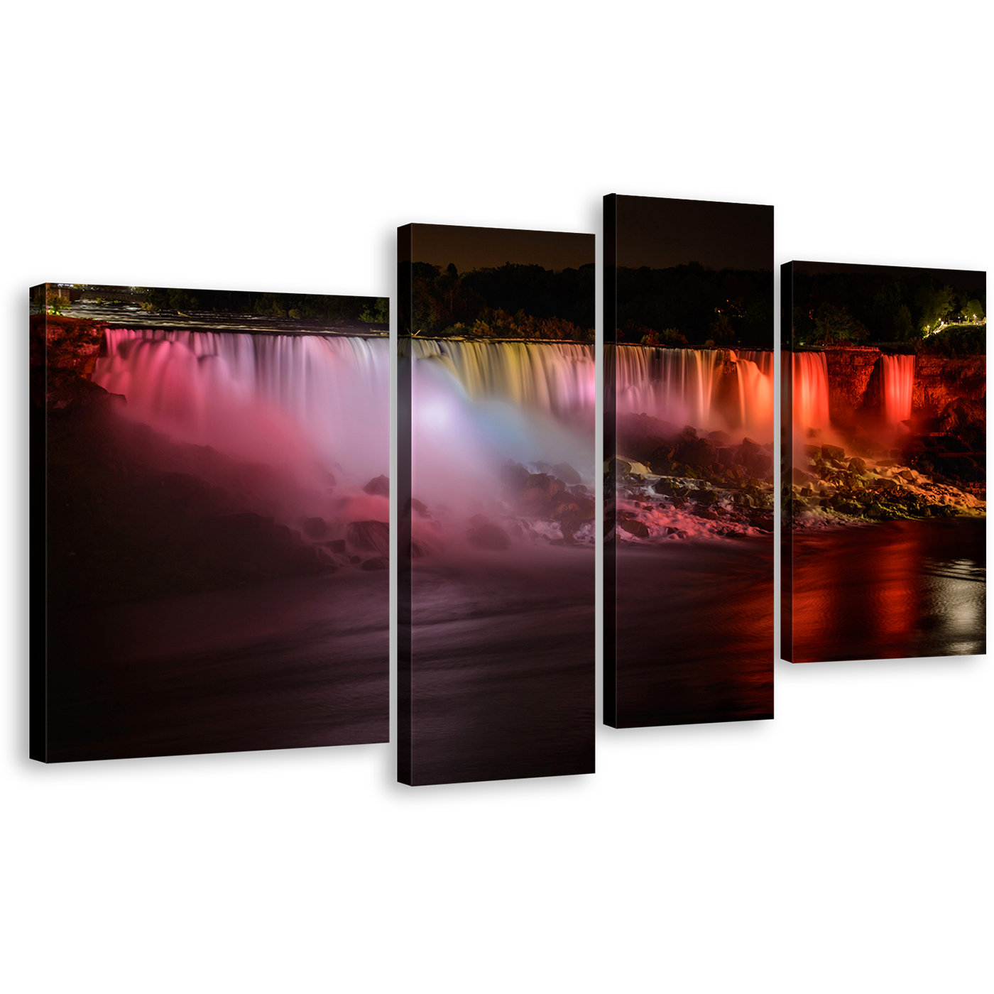 Canada Waterfall Canvas Print, Niagara Falls Lights Wall Art, Red Orange Waterfall at Night 4 Piece Multi Canvas