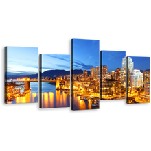 Load image into Gallery viewer, Canal City Canvas Wall Art, Yellow Vancouver Harbor City Multiple Canvas, Evening Blue Skyline Mountain 5 Piece Canvas Print
