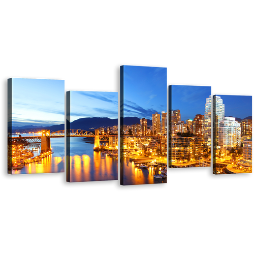 Canal City Canvas Wall Art, Yellow Vancouver Harbor City Multiple Canvas, Evening Blue Skyline Mountain 5 Piece Canvas Print