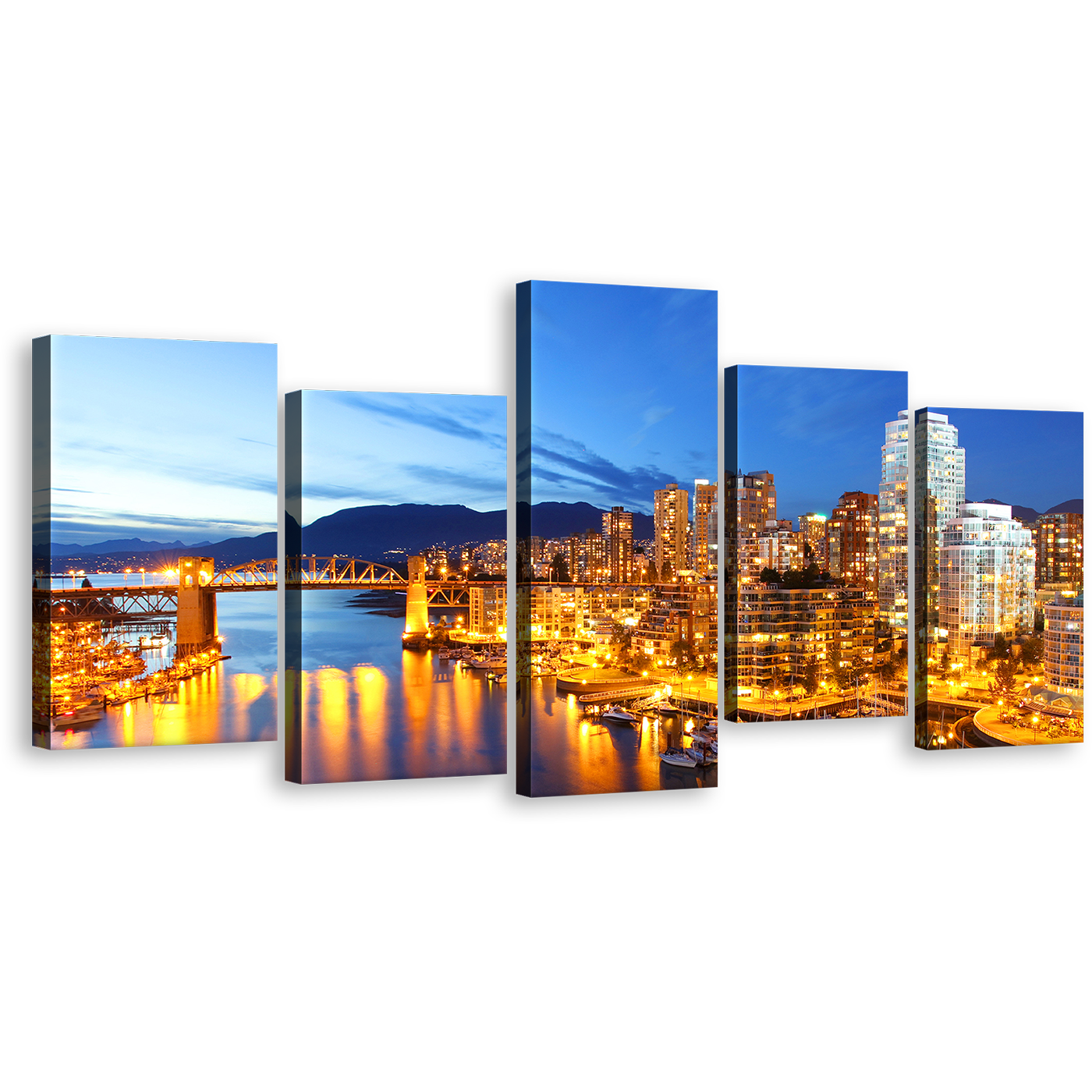 Canal City Canvas Wall Art, Yellow Vancouver Harbor City Multiple Canvas, Evening Blue Skyline Mountain 5 Piece Canvas Print