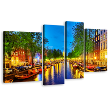 Load image into Gallery viewer, Canal Harbor Canvas Wall Art, Amsterdam City Colorful Evening View 4 Piece Canvas Print, Beautiful Netherlands Reflection Canvas Artwork
