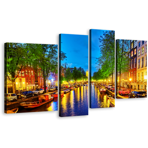 Canal Harbor Canvas Wall Art, Amsterdam City Colorful Evening View 4 Piece Canvas Print, Beautiful Netherlands Reflection Canvas Artwork