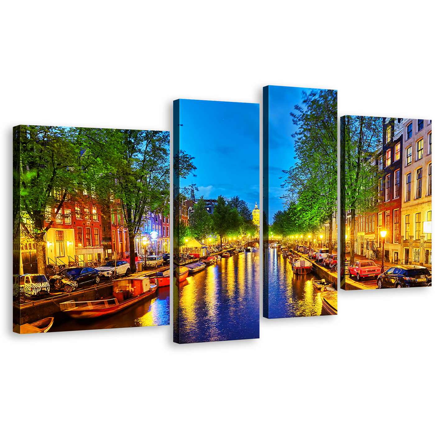 Canal Harbor Canvas Wall Art, Amsterdam City Colorful Evening View 4 Piece Canvas Print, Beautiful Netherlands Reflection Canvas Artwork