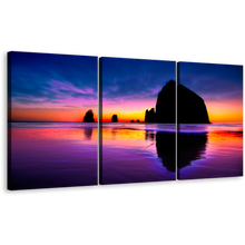 Load image into Gallery viewer, Cannon Beach Canvas Wall Art, Haystack Rock Blue Sky Canvas Print, Orange Ocean Sunset Rocks 3 Piece Canvas Set
