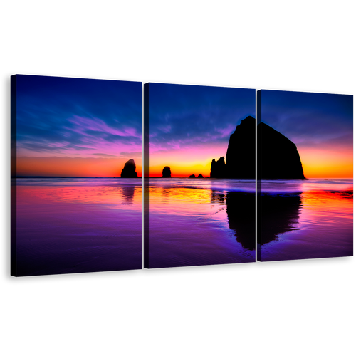 Cannon Beach Canvas Wall Art, Haystack Rock Blue Sky Canvas Print, Orange Ocean Sunset Rocks 3 Piece Canvas Set