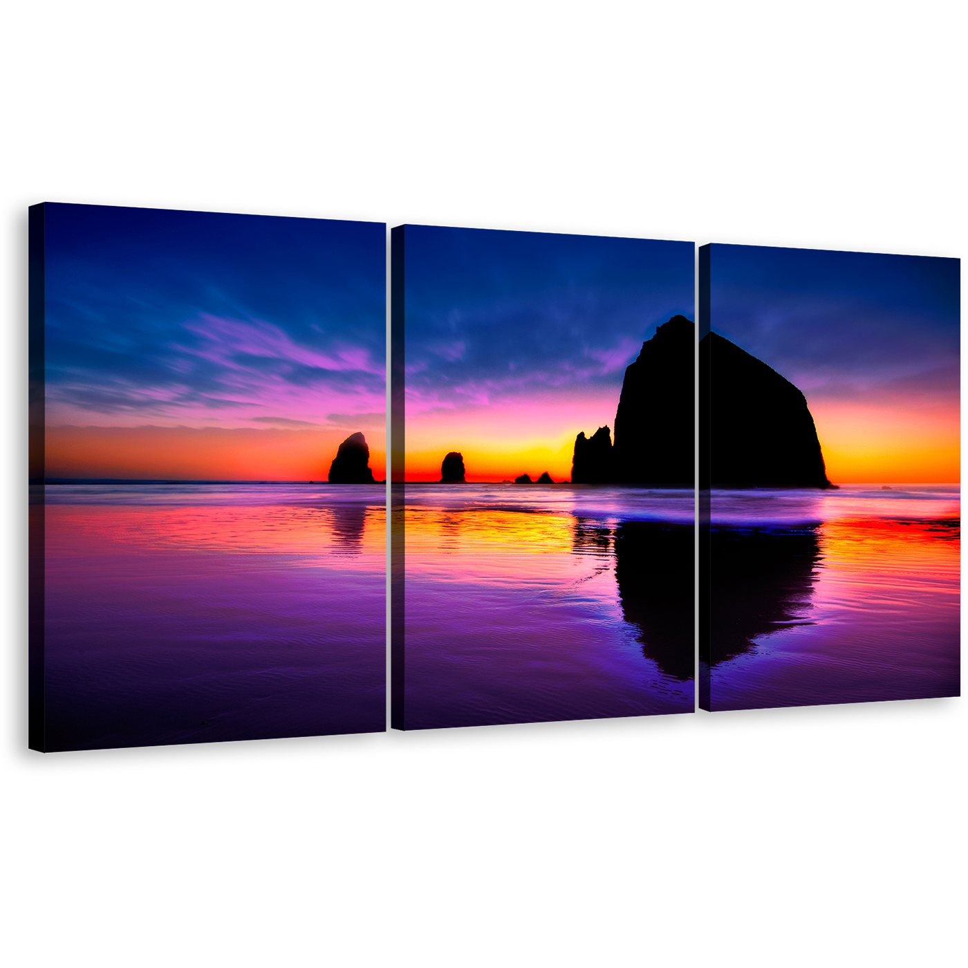 Cannon Beach Canvas Wall Art, Haystack Rock Blue Sky Canvas Print, Orange Ocean Sunset Rocks 3 Piece Canvas Set