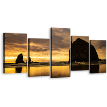 Load image into Gallery viewer, Cannon Beach Canvas Wall Art, Haystack Rock Yellow Sky Canvas Print, Black Ocean Rocks Multiple Canvas, The Needles 5 Piece Canvas Set
