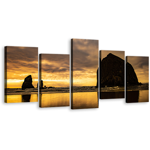 Cannon Beach Canvas Wall Art, Haystack Rock Yellow Sky Canvas Print, Black Ocean Rocks Multiple Canvas, The Needles 5 Piece Canvas Set