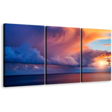 Load image into Gallery viewer, Capo Zafferano Canvas Print, Blue Italy Ocean Sky Triptych Multi Canvas, Yellow Mediterranean Sea Island Sicilia Sunset Wall Art
