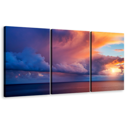 Capo Zafferano Canvas Print, Blue Italy Ocean Sky Triptych Multi Canvas, Yellow Mediterranean Sea Island Sicilia Sunset Wall Art