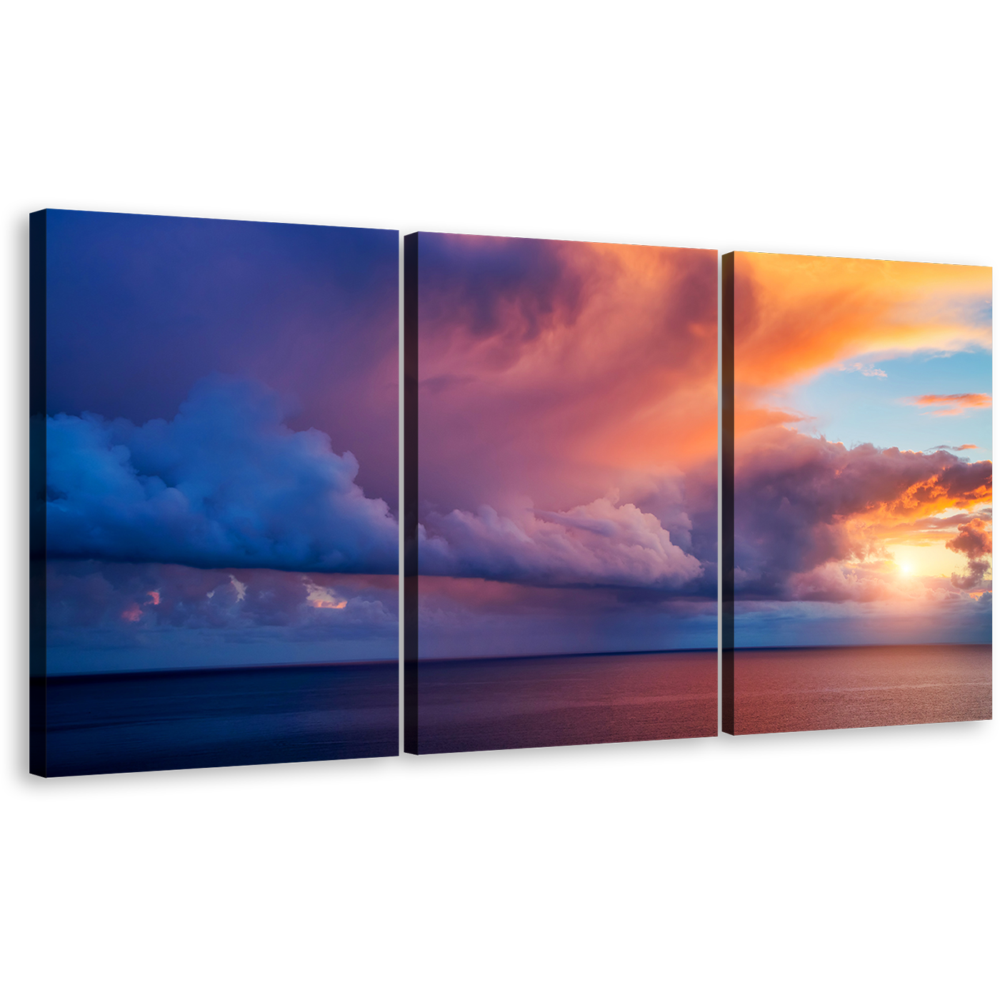 Capo Zafferano Canvas Print, Blue Italy Ocean Sky Triptych Multi Canvas, Yellow Mediterranean Sea Island Sicilia Sunset Wall Art