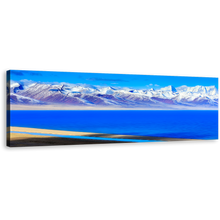 Load image into Gallery viewer, Capped Mountain Canvas Print, White Snow Covered Ocean Mountain Panoramic Wall Art, Blue Lake in Tibet Canvas Art
