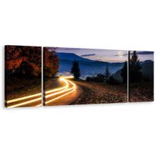 Load image into Gallery viewer, Car Lights Canvas Wall Art, Full Moon Cloudy Sky Canvas Set, Countryside Road Yellow Light Trail Multi Canvas, Blue Mountain Landscape 3 Piece Canvas Print
