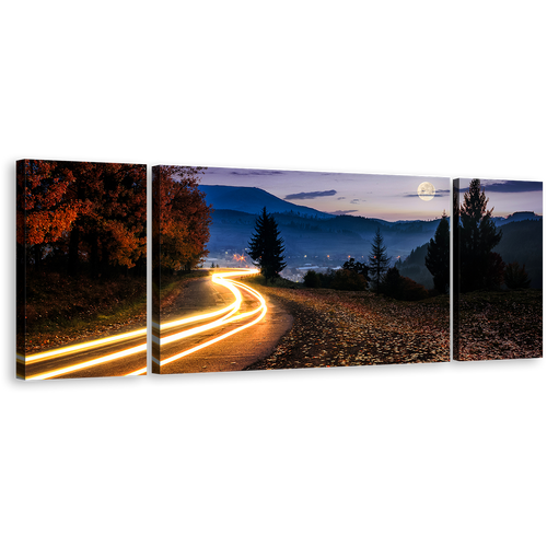 Car Lights Canvas Wall Art, Full Moon Cloudy Sky Canvas Set, Countryside Road Yellow Light Trail Multi Canvas, Blue Mountain Landscape 3 Piece Canvas Print