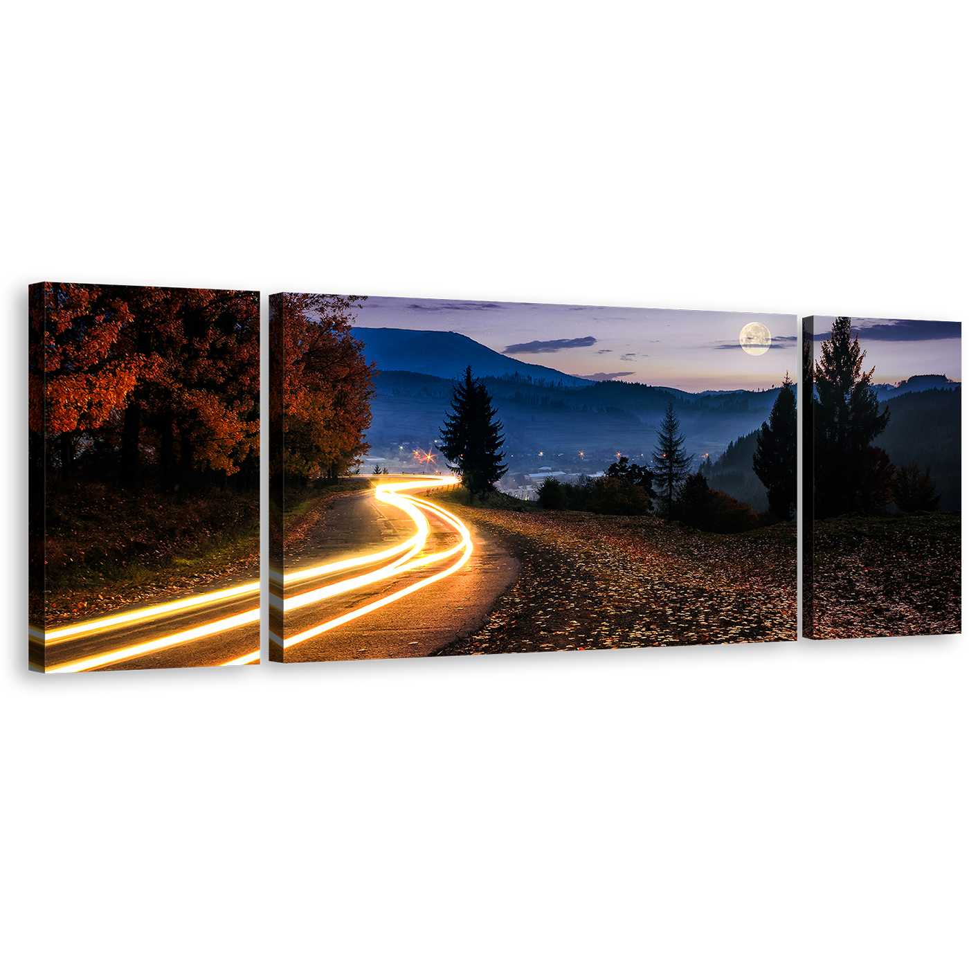 Car Lights Canvas Wall Art, Full Moon Cloudy Sky Canvas Set, Countryside Road Yellow Light Trail Multi Canvas, Blue Mountain Landscape 3 Piece Canvas Print