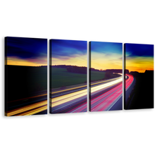 Load image into Gallery viewer, Car Lights Wall Art, Dramatic Blue Sky Multi Canvas, Red Car Light Trail 4 Piece Canvas Print
