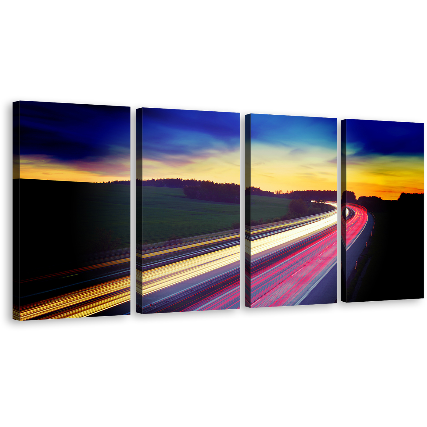 Car Lights Wall Art, Dramatic Blue Sky Multi Canvas, Red Car Light Trail 4 Piece Canvas Print