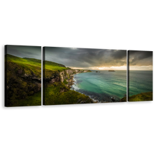 Load image into Gallery viewer, Carrick Sea Canvas Print, Green Ireland Ocean 3 Piece Canvas Wall Art, Yellow Sunset Coastline Ocean Triptych Canvas Set
