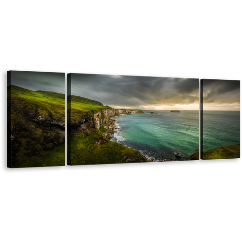 Carrick Sea Canvas Print, Green Ireland Ocean 3 Piece Canvas Wall Art, Yellow Sunset Coastline Ocean Triptych Canvas Set