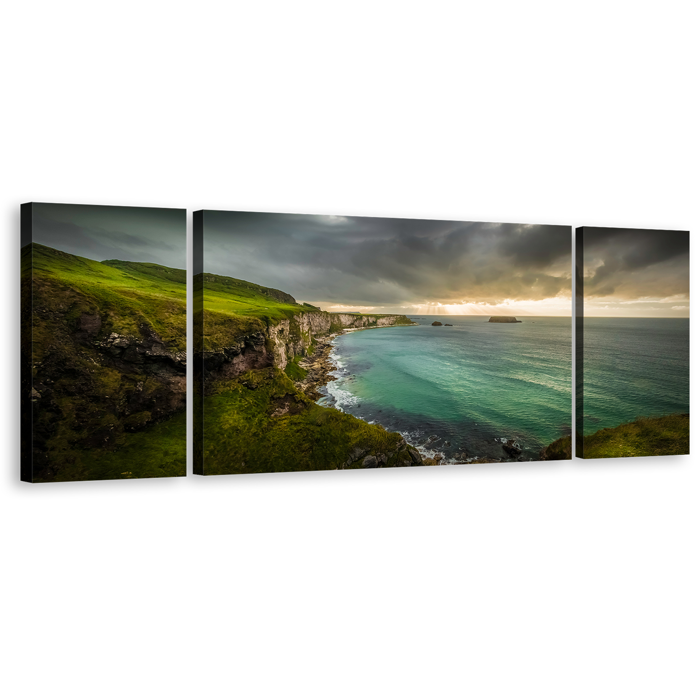 Carrick Sea Canvas Print, Green Ireland Ocean 3 Piece Canvas Wall Art, Yellow Sunset Coastline Ocean Triptych Canvas Set