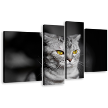 Load image into Gallery viewer, Cat Animal Canvas Print, Grey Cat Sitting 4 Piece Canvas Wall Art, Yellow Cat Eyes Pet Multi Canvas
