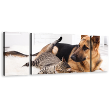 Load image into Gallery viewer, Cat Animal Canvas Wall Art, Cat and Dog Chilling 3 Piece Canvas Set, Black Brown Dog and Cat Triptych Canvas Print
