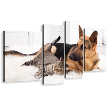 Load image into Gallery viewer, Cat Dog Canvas Wall Art, Cat and Dog Relaxing Canvas Print, Brown Black Pets Portrait 4 Piece Canvas Multi Canvas Artwork
