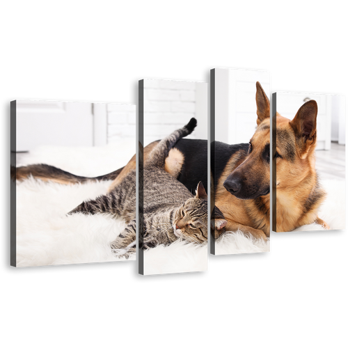 Cat Dog Canvas Wall Art, Cat and Dog Relaxing Canvas Print, Brown Black Pets Portrait 4 Piece Canvas Multi Canvas Artwork