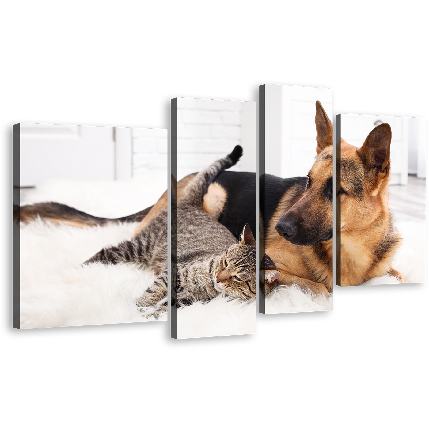 Cat Dog Canvas Wall Art, Cat and Dog Relaxing Canvas Print, Brown Black Pets Portrait 4 Piece Canvas Multi Canvas Artwork