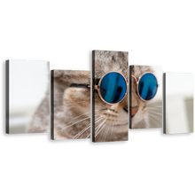 Load image into Gallery viewer, Cat Pet Canvas Print, Brown Cat Portrait 5 Piece Canvas Wall Art, Smart Cat Wearing Sunglasses Multiple Canvas
